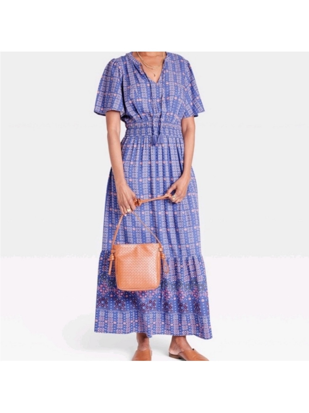 Knox Rose Blue Printed Smocked Waist Tiered Maxi Dress XXL